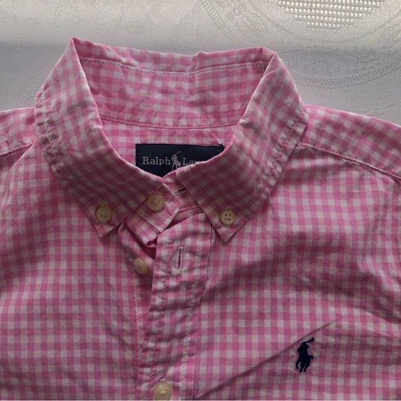 Ralph Lauren Pink/White Checkered Button-Up Shirt Boys Size 5 Short Sleeves Logo - Picture 5 of 16